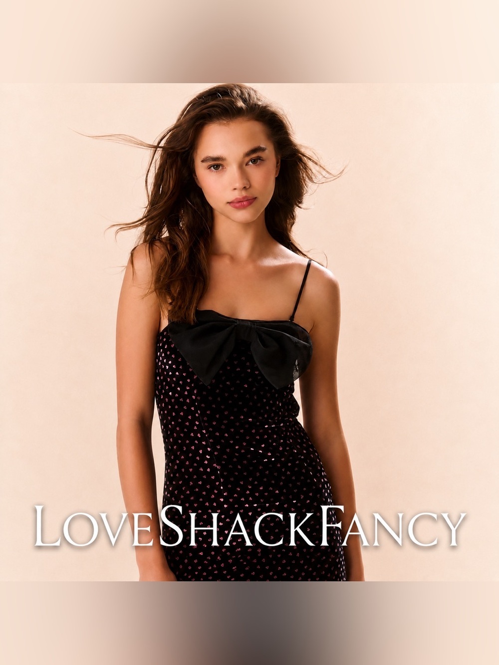 💕 LoveShackFancy Black Velvet Cordentia Dress with Pink Foil Hearts & Tulle Bow